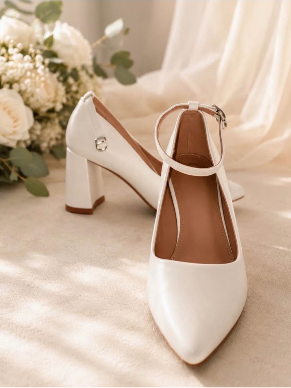 Classic White Ankle-Strap Block Heel Pumps